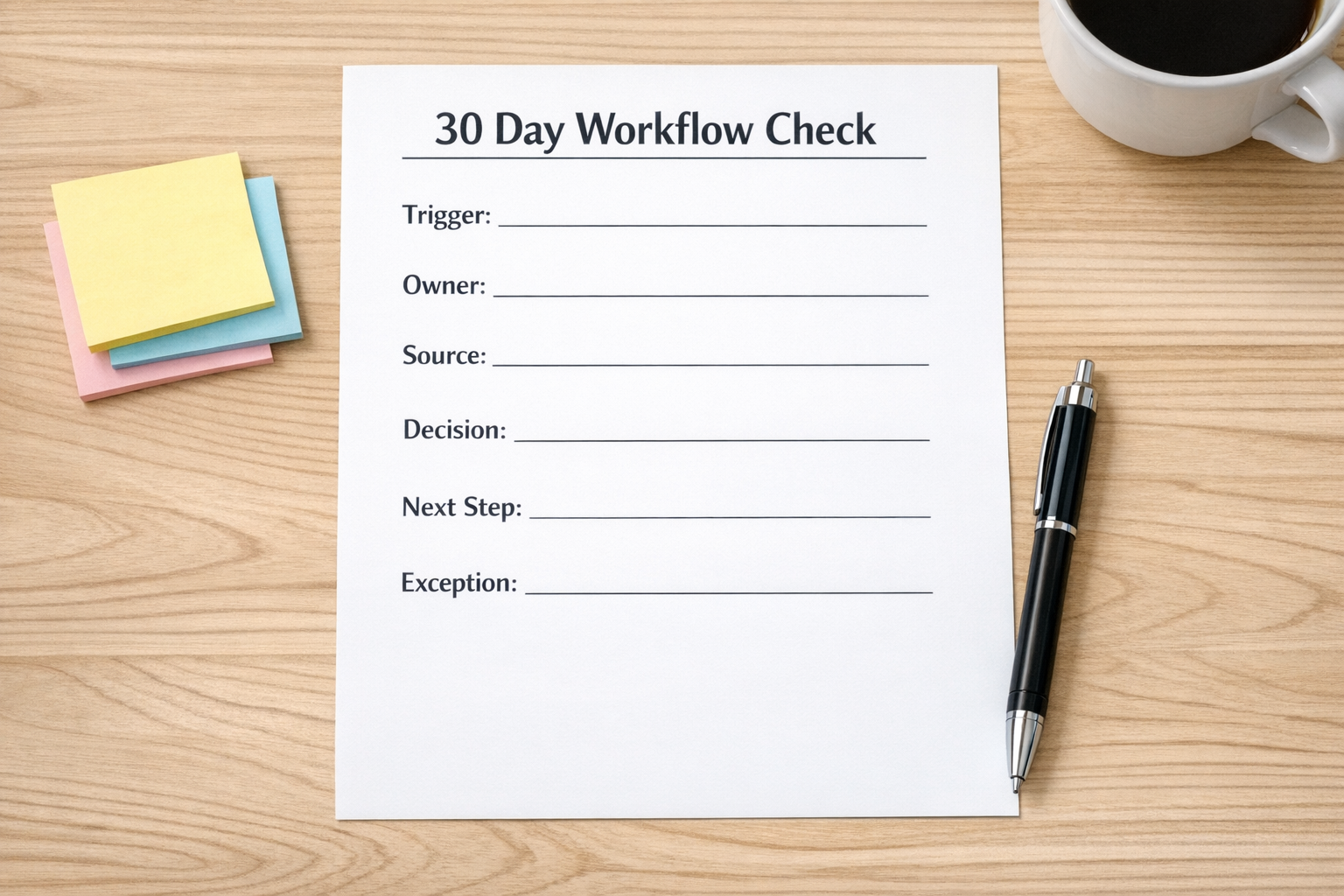 A printed worksheet for checking which business workflows depend on the founder
