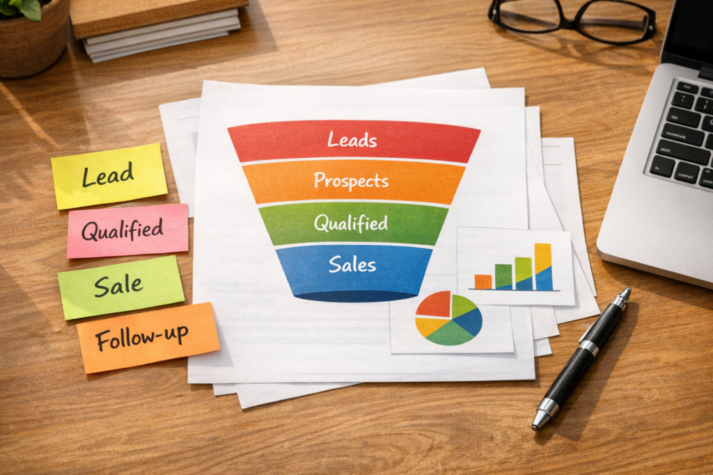 A calm desk scene with printed ad funnel notes, CRM cards, and conversion event markers arranged for planning.