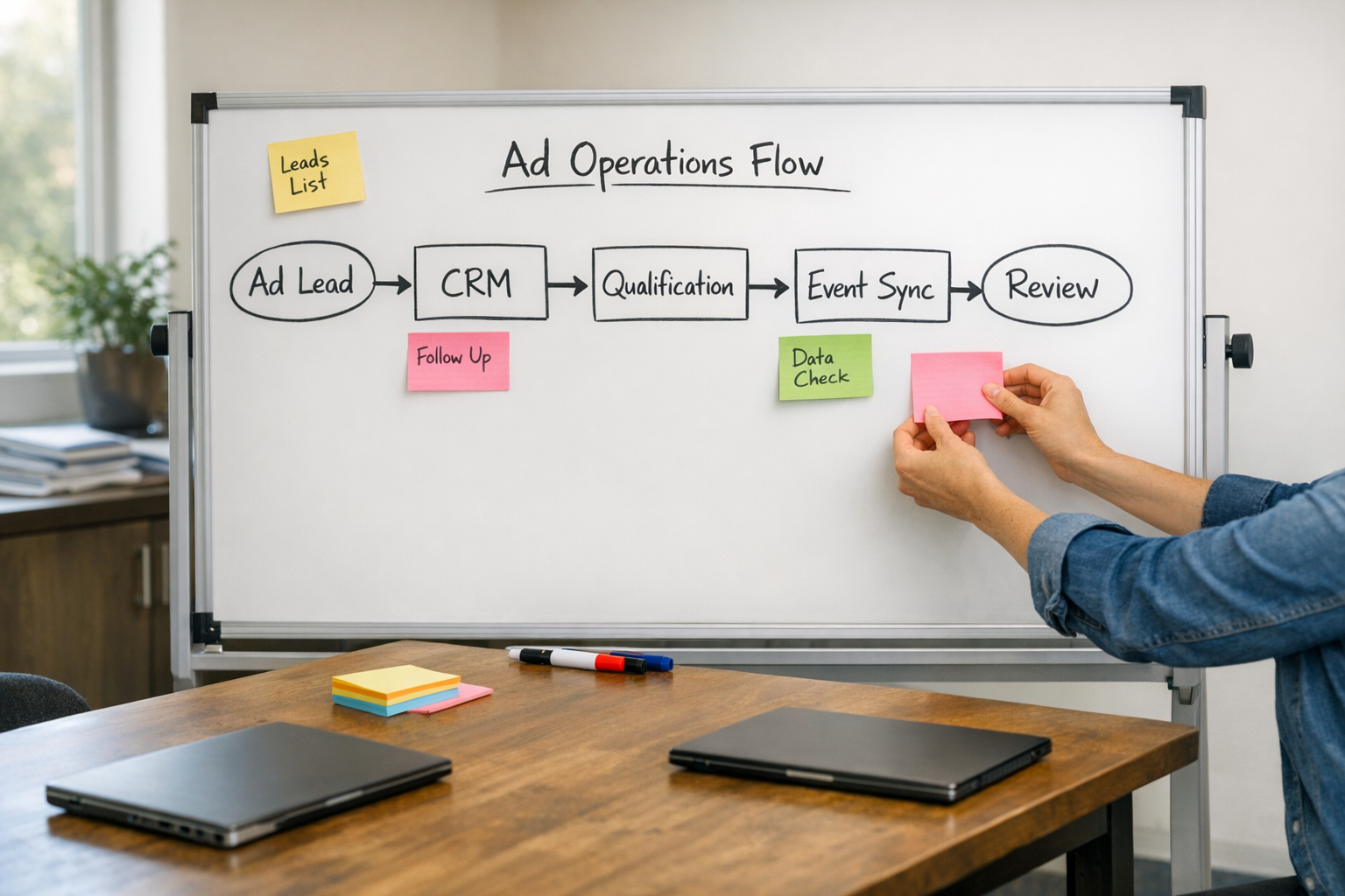 A team workspace with a whiteboard planning ad operations, CRM handoffs, and automation checkpoints.