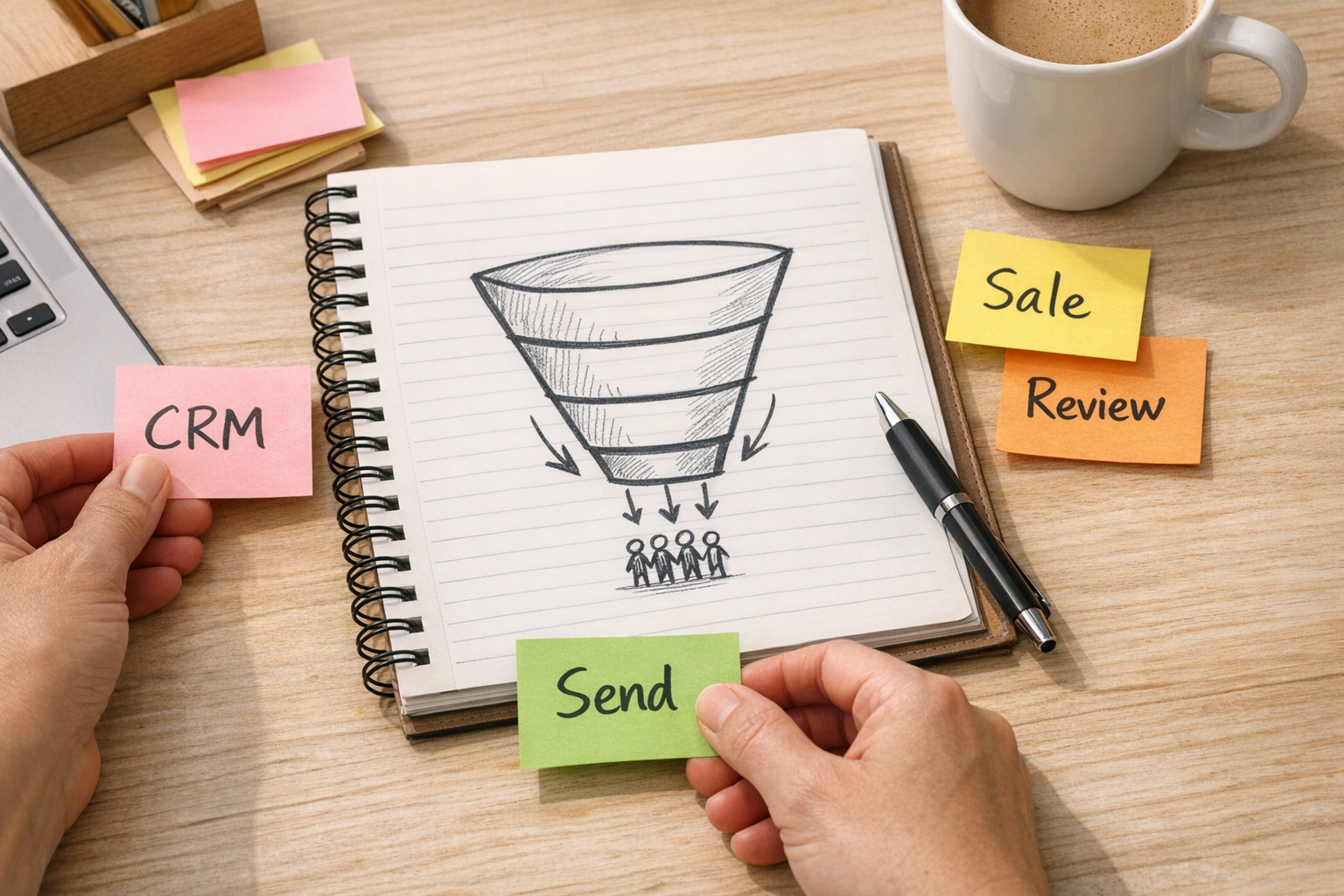 A practical ad operations planning workspace with a notebook, printed funnel sketch, and sticky notes