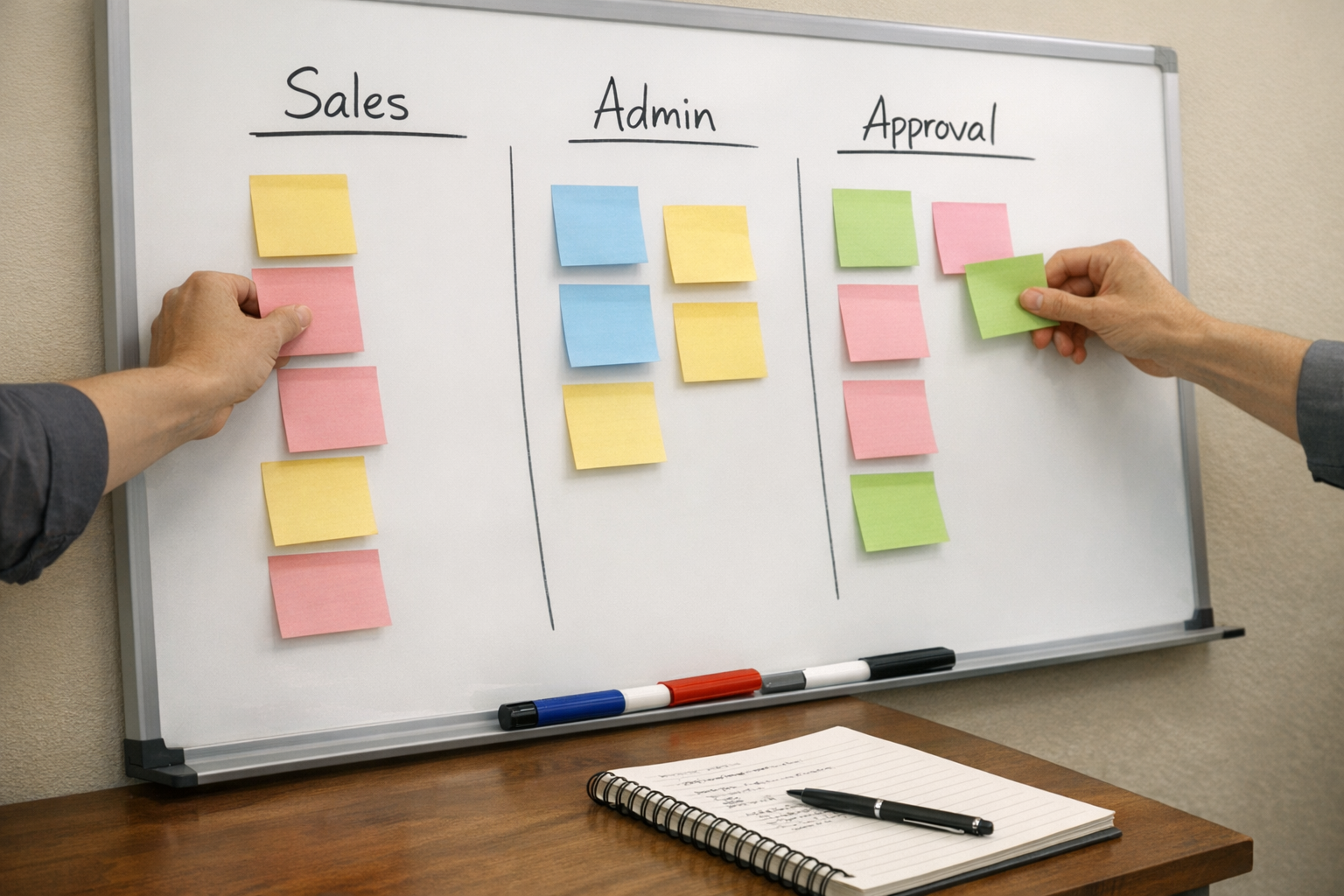 A team workspace with hands arranging sticky notes on a whiteboard to plan small business admin handoffs.