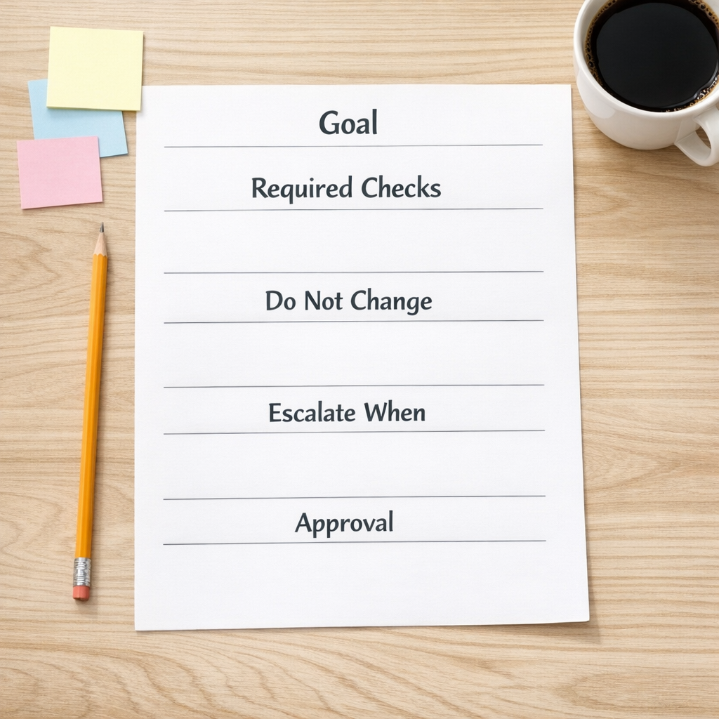 A printed worksheet for defining AI agent acceptance criteria, review rules, and approval boundaries.