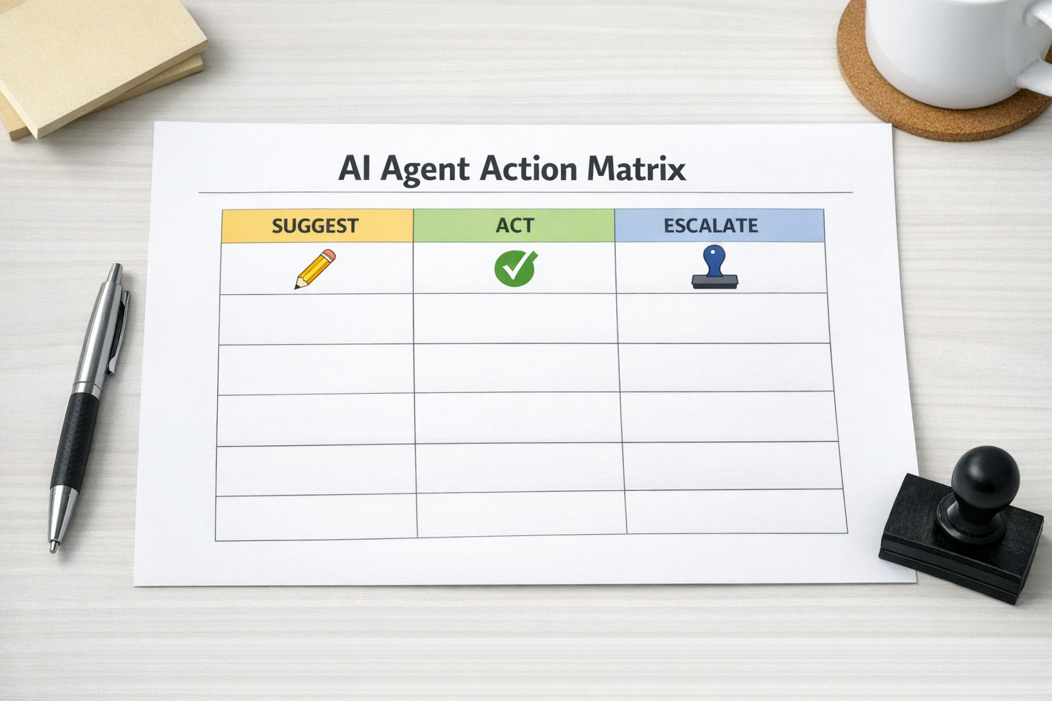 A printed decision matrix for classifying AI agent actions as suggest, act, or escalate.