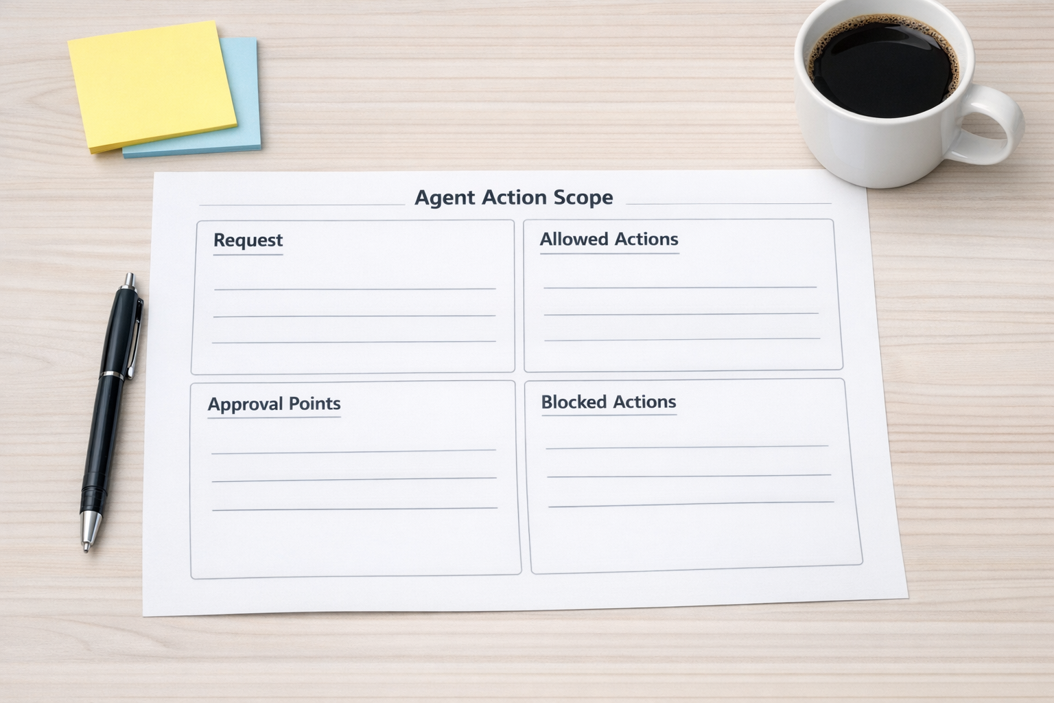 A printed worksheet showing simple sections for request, allowed actions, approval points, and blocked actions.