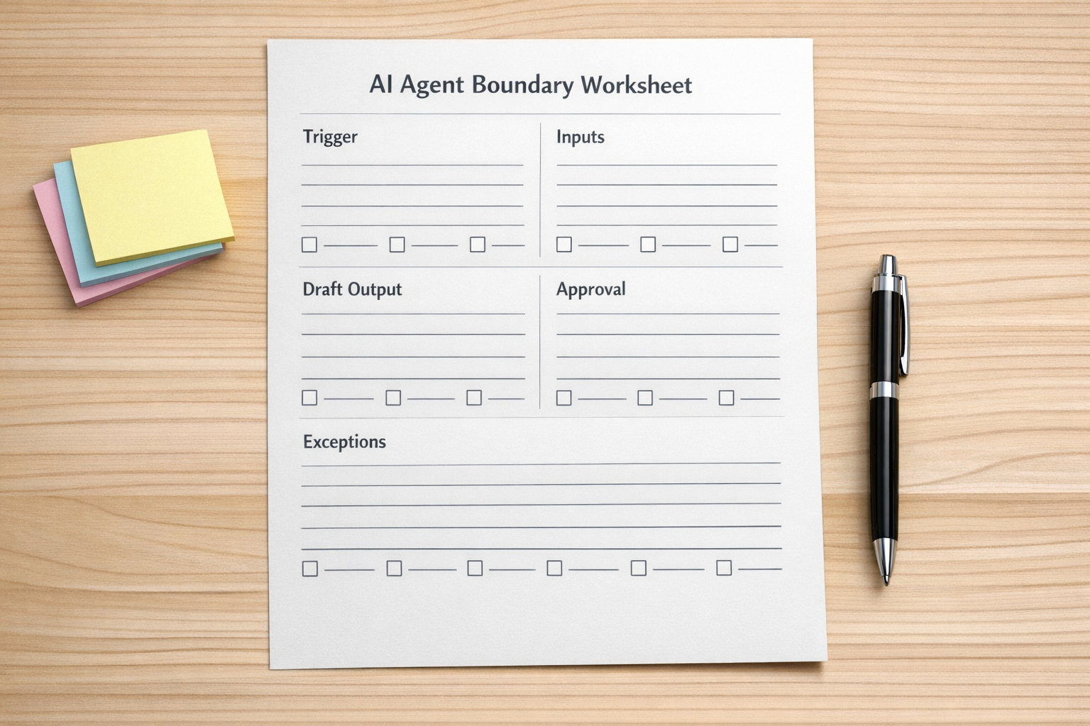 A printed worksheet for defining AI agent boundaries with sections for trigger, inputs, draft output, approval, and exception handling.