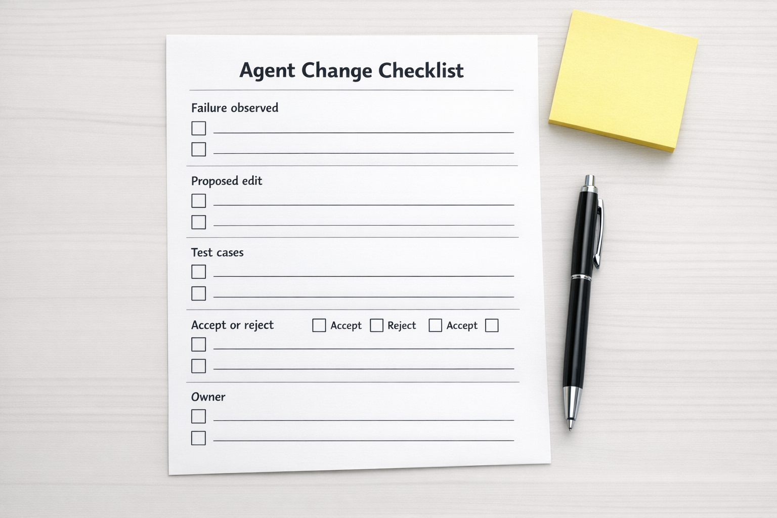 A printed worksheet showing a simple checklist for testing and approving changes to AI agent instructions.