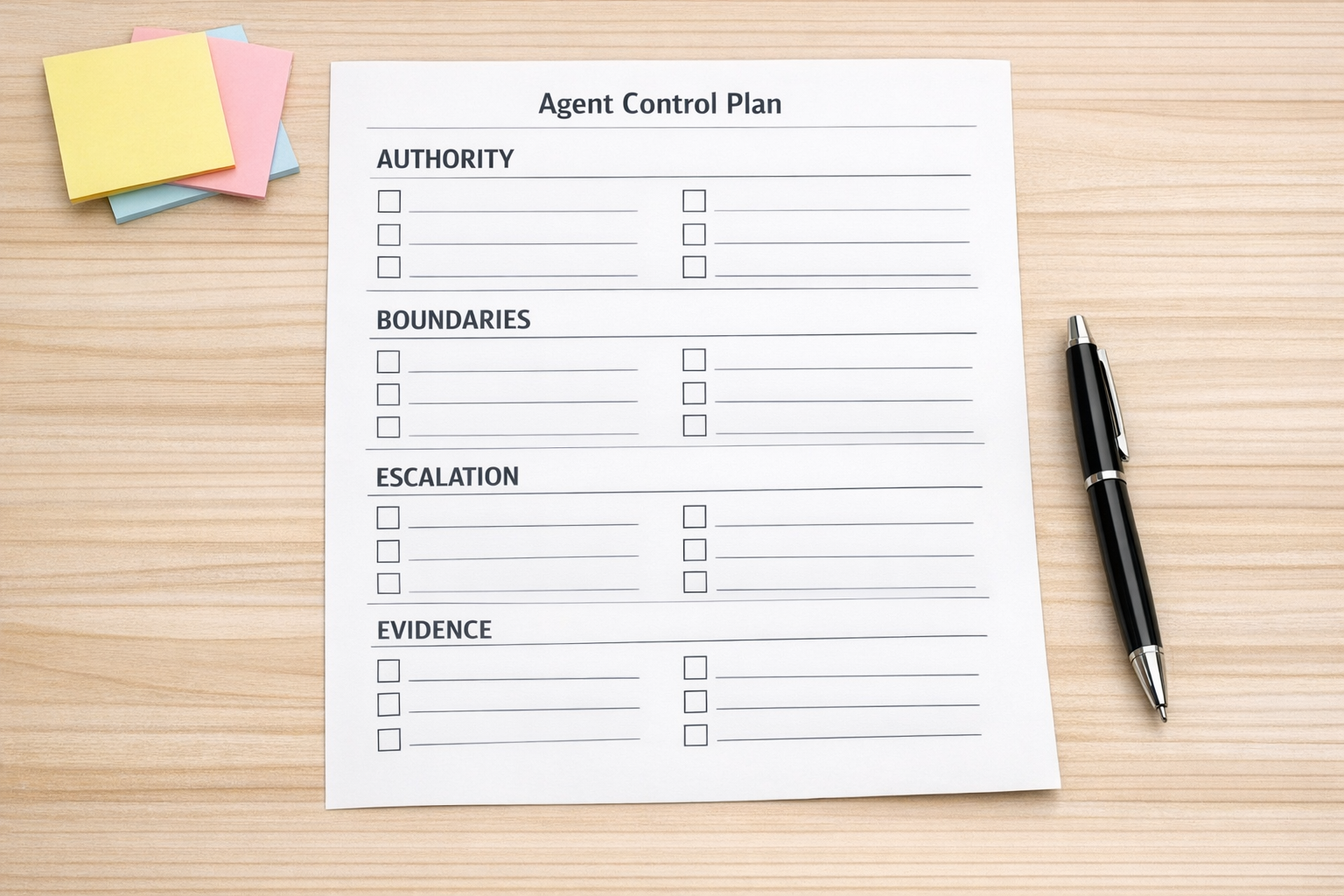 A printed worksheet for defining AI agent permissions, pause points, logs, and validation rules