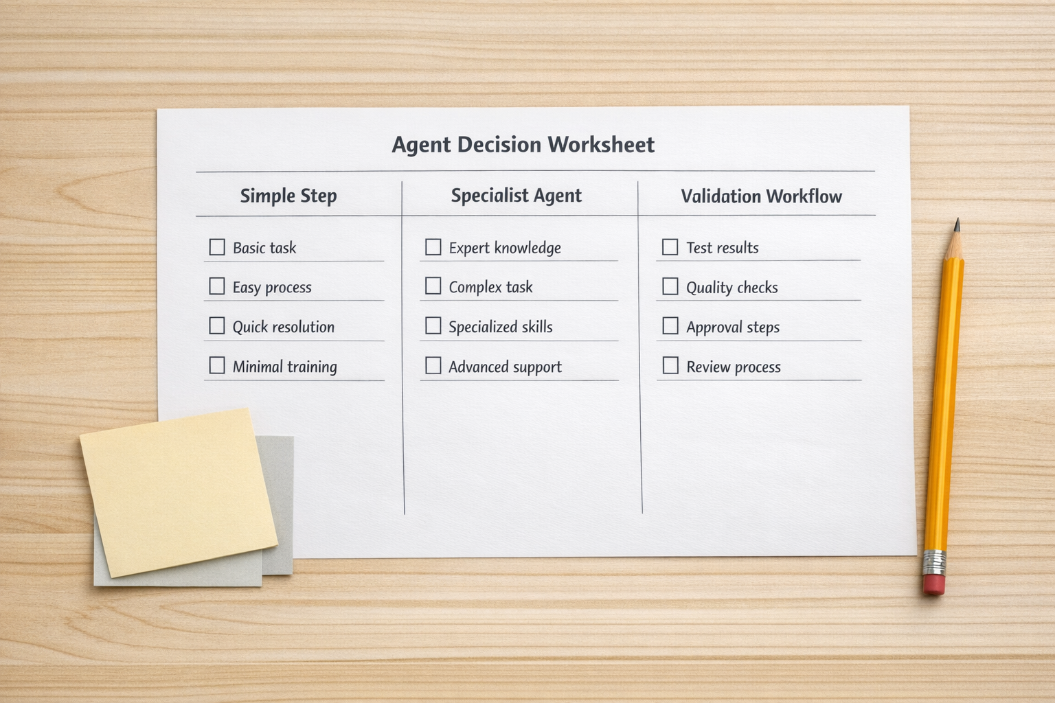 A printed decision worksheet for choosing between a simple AI step, specialist agent, and validated workflow.