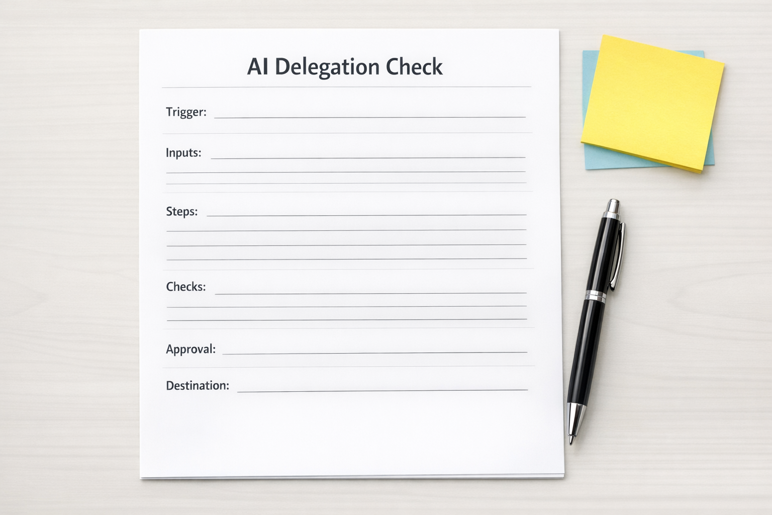 A simple printed worksheet for deciding which parts of a business process can be delegated to an AI agent.