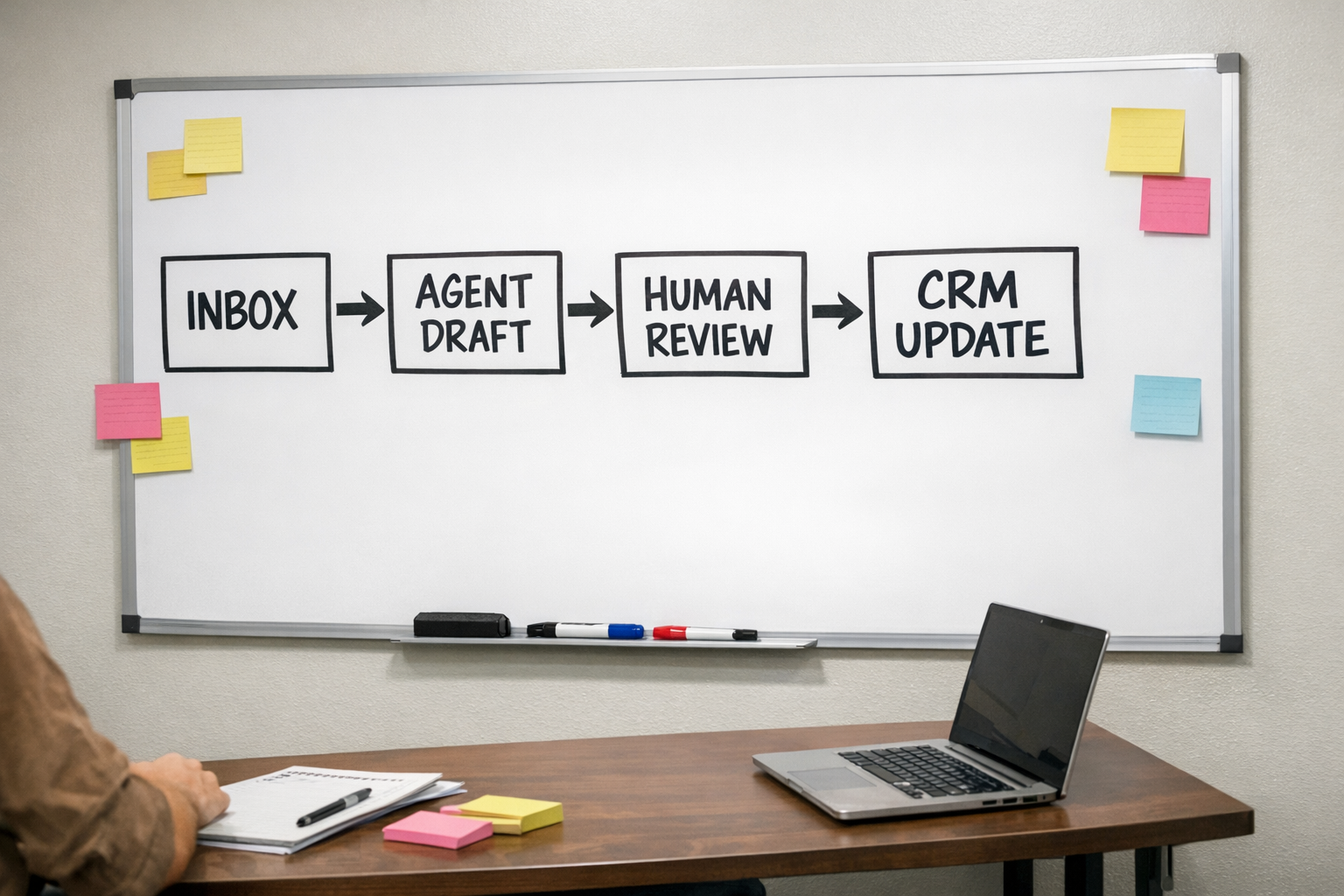 A workspace whiteboard showing a simple AI agent handoff plan with human review steps.