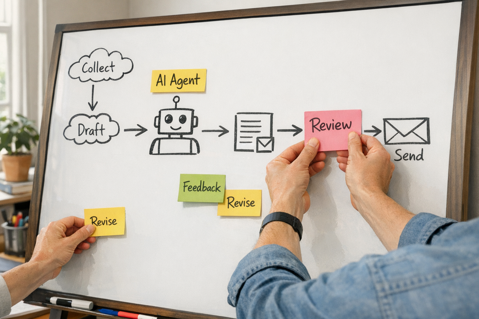 A whiteboard planning scene showing an AI agent handoff process with sticky notes and simple arrows.