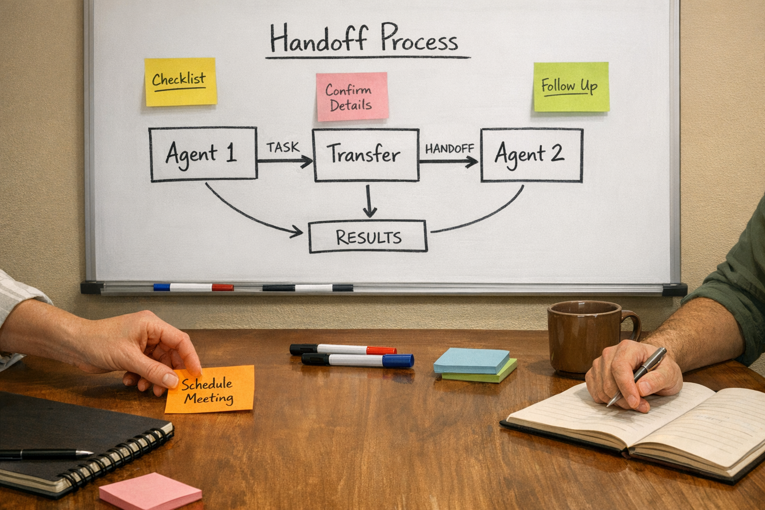 A team workspace with sticky notes and a whiteboard sketch showing AI agent handoffs and human approval points.