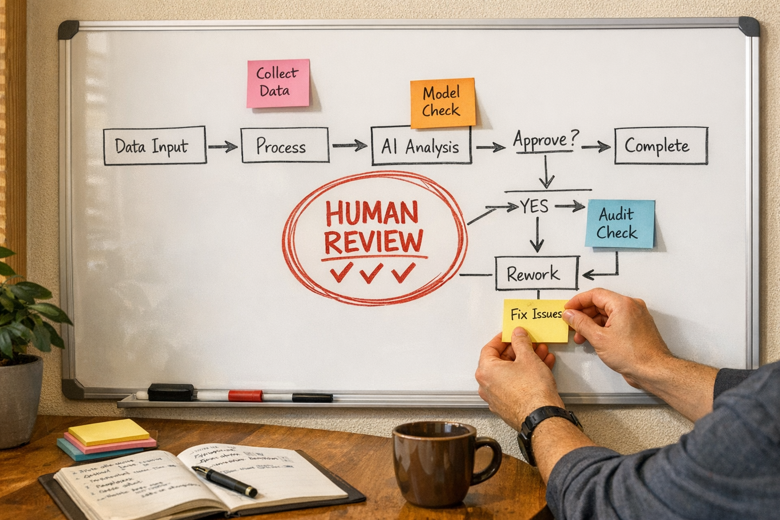 A whiteboard planning scene showing an AI agent handoff workflow with sticky notes and implementation notes.