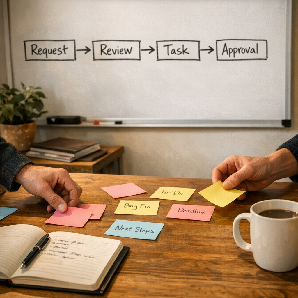 A workspace with sticky notes and a whiteboard planning an AI agent handoff between business systems.
