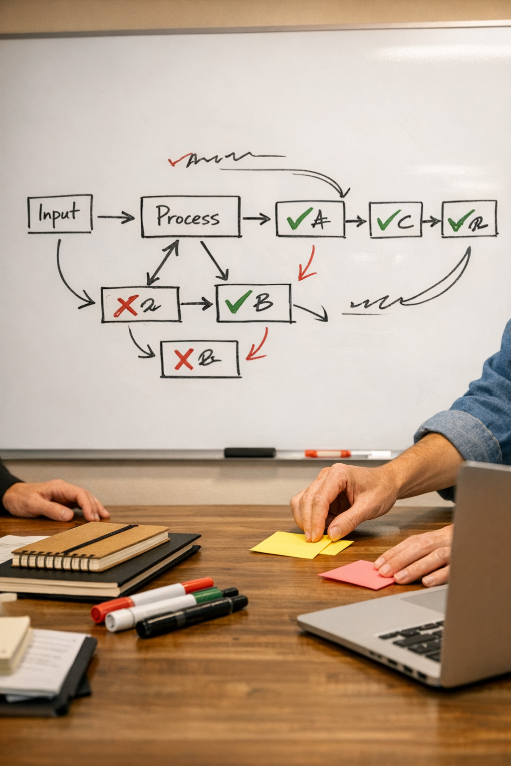 A team workspace with a whiteboard sketch for implementing a controlled AI agent workflow, shown without faces.