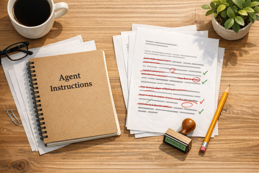 A calm office desk with a notebook, marked-up instruction pages, and a small approval stamp representing controlled AI agent improvement.
