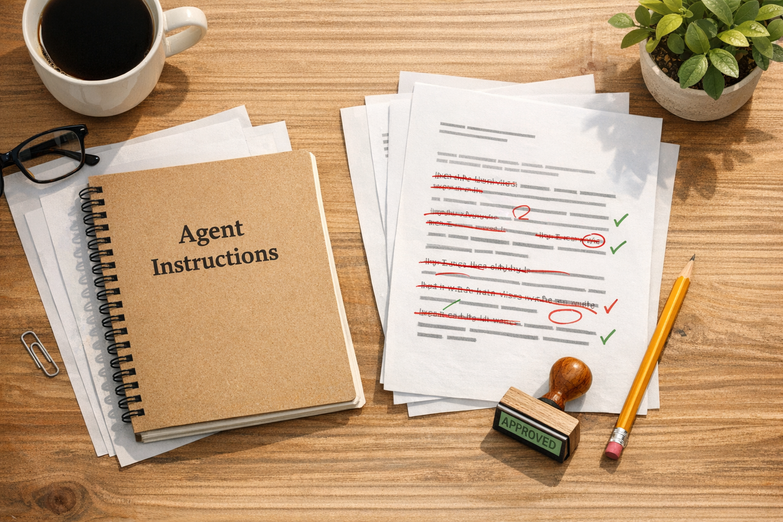 A calm office desk with a notebook, marked-up instruction pages, and a small approval stamp representing controlled AI agent improvement.