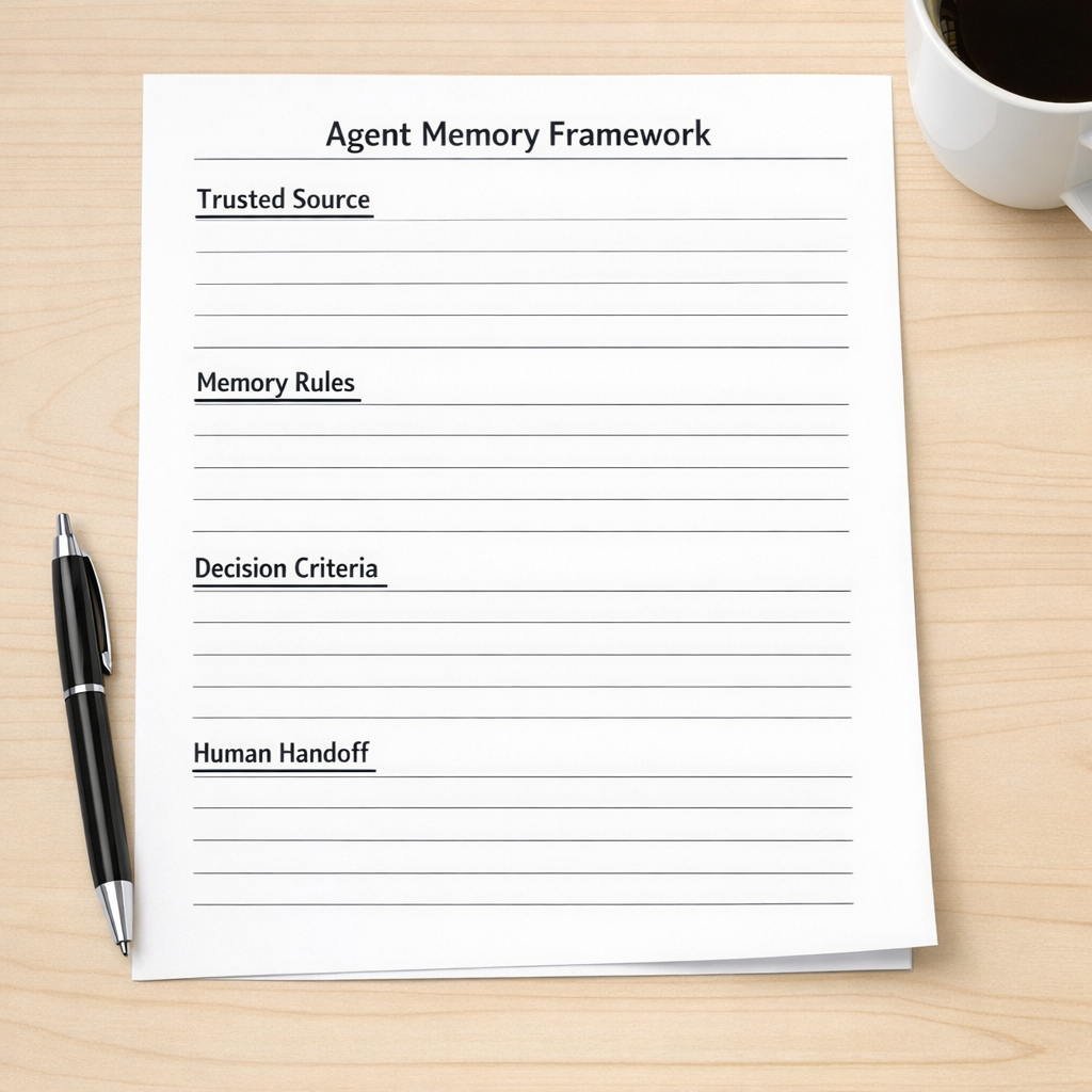 A printed worksheet for defining AI agent memory rules, trusted sources, and handoff points.