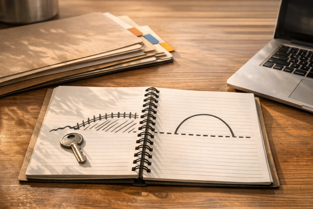 A calm office scene showing a key, notebook, and labeled folders representing controlled AI agent permissions.