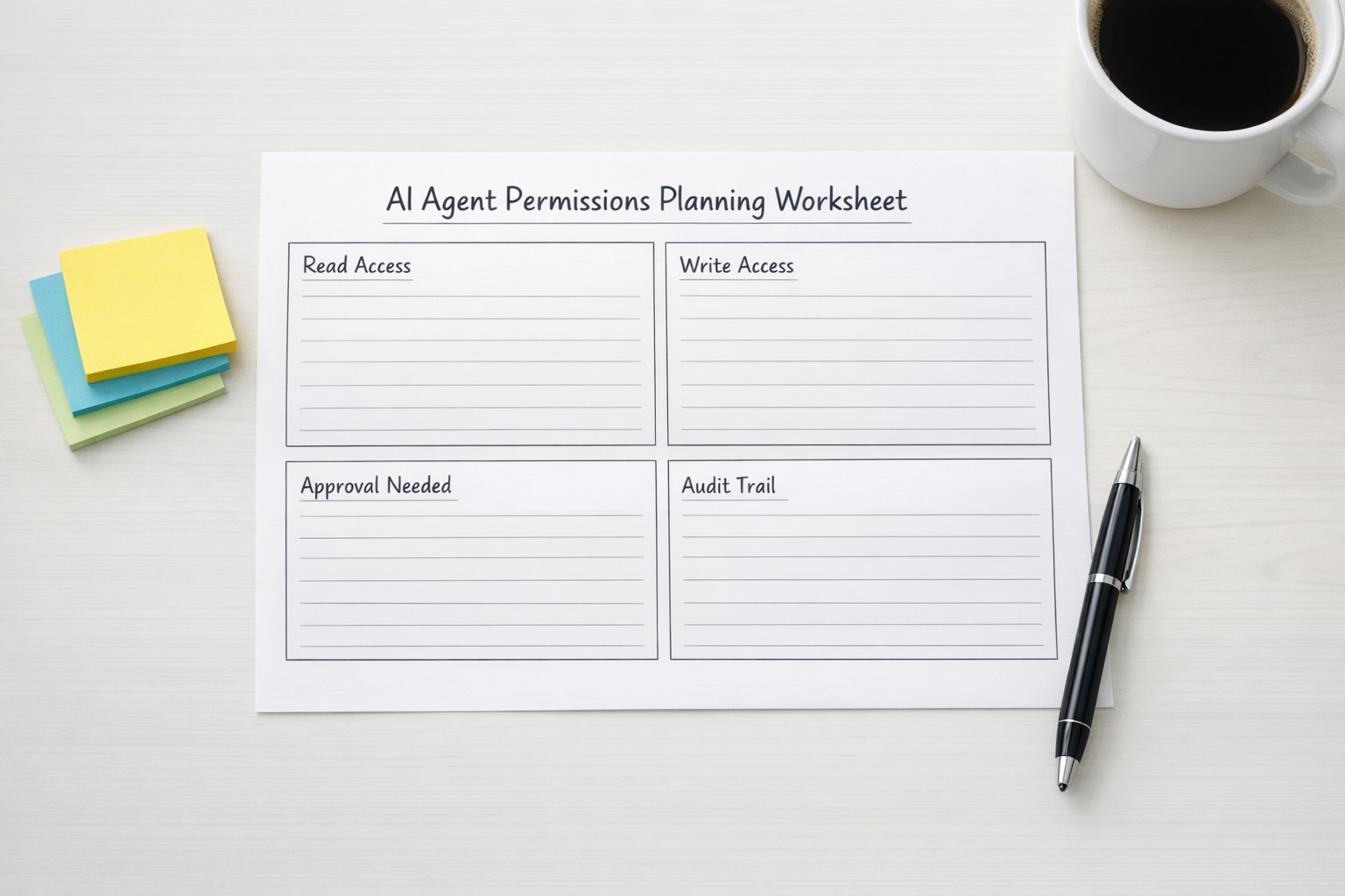 A printed worksheet for defining AI agent read access, write access, approvals, and audit trail