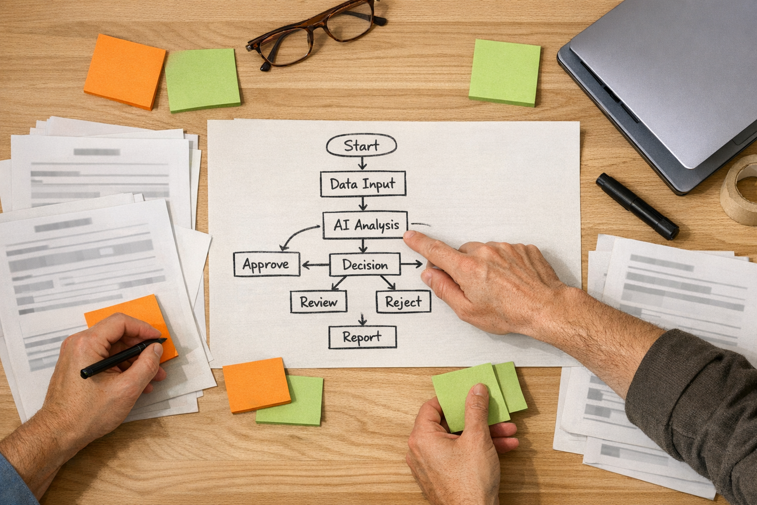 A calm office desk with notes for choosing the first useful AI agents for a small business.
