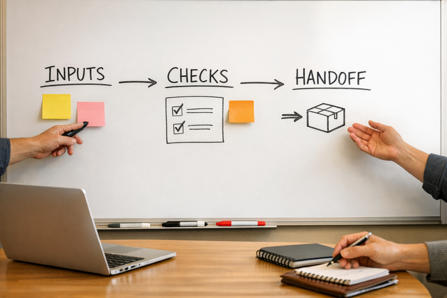 A workspace whiteboard showing a simple AI agent implementation plan with inputs, checks, and handoff steps