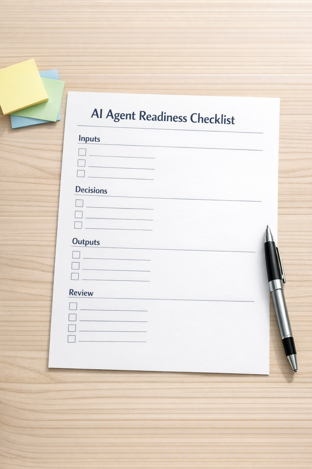 A printed AI agent readiness checklist with sections for inputs, decisions, outputs, and review