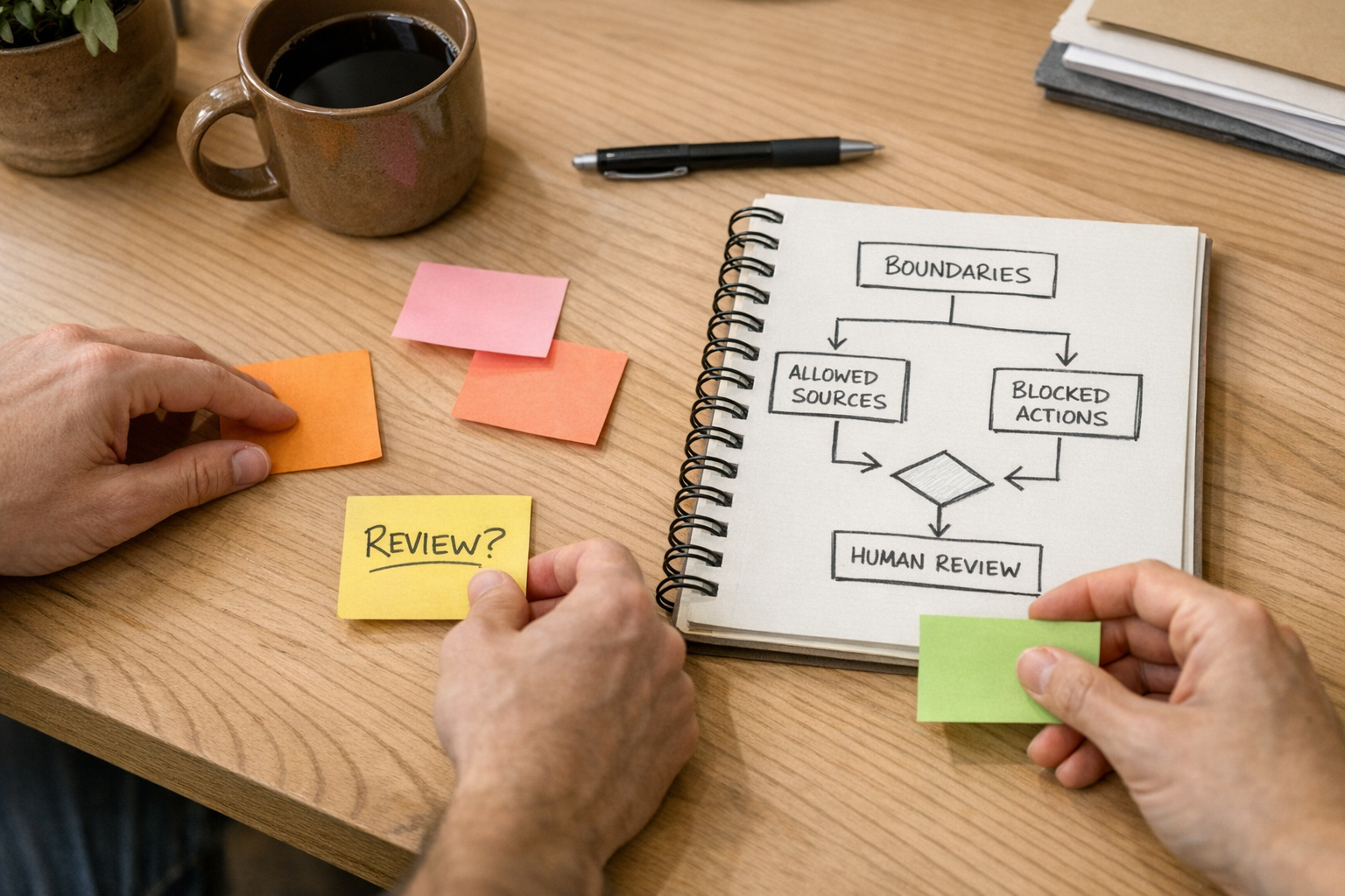 A workspace scene with hands arranging notes around a whiteboard sketch for planning an AI agent run contract.