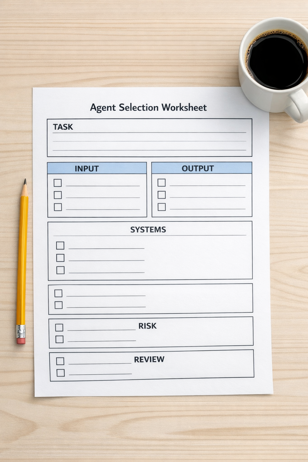A simple printed worksheet for selecting which AI agent workflow to build first.