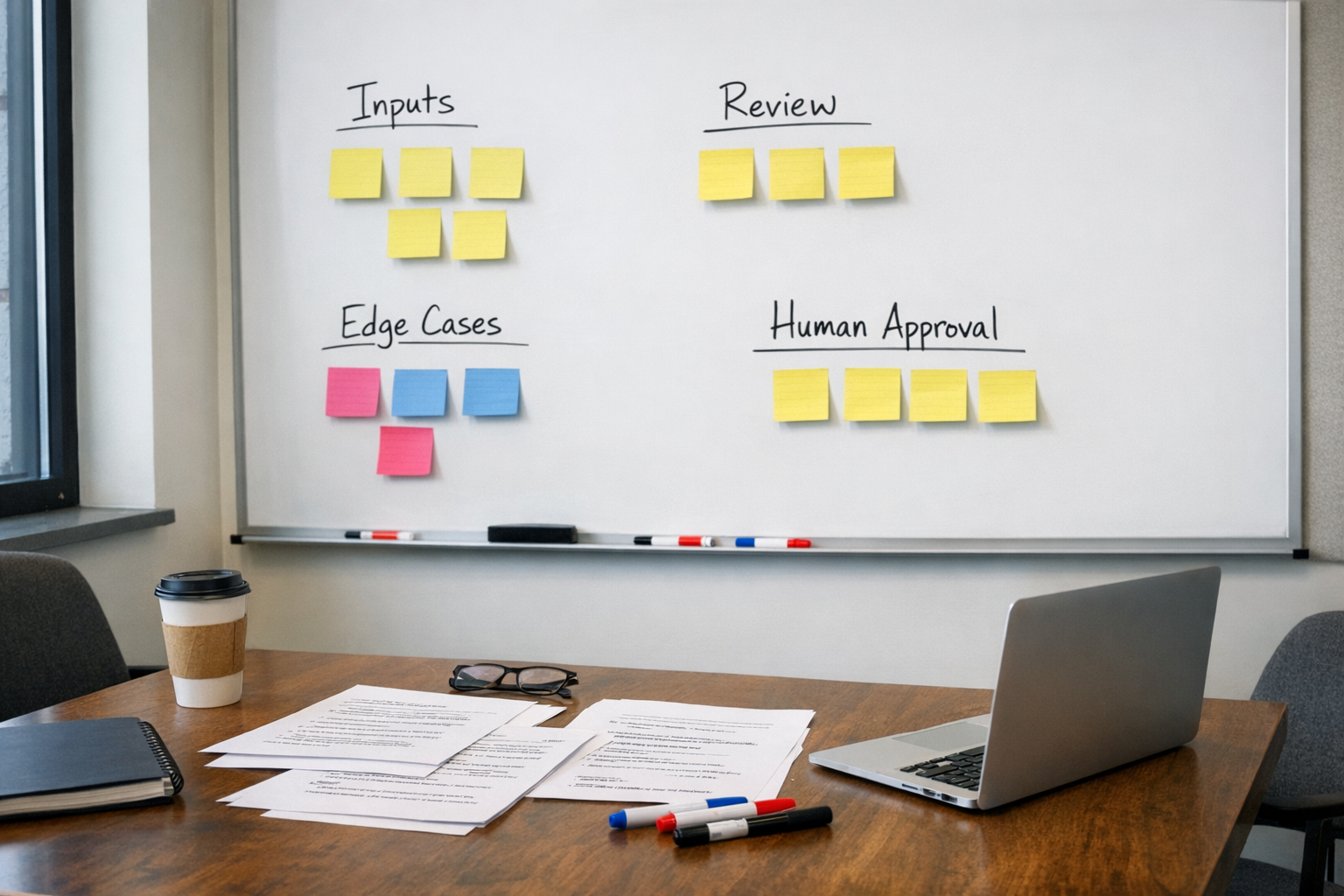 A workspace whiteboard with sticky notes showing edge cases and handoff planning for an AI agent.