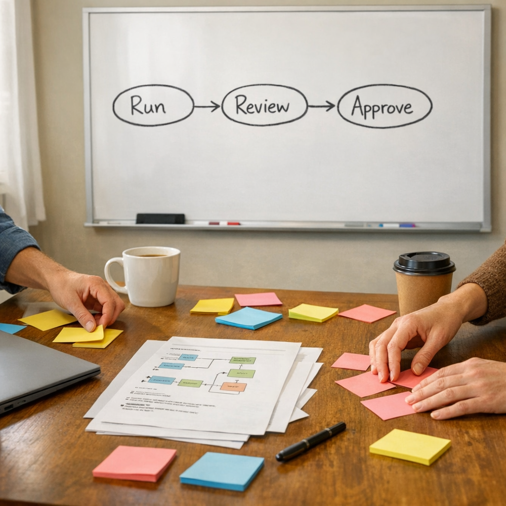 A whiteboard and desk setup showing a practical planning session for testing AI agent workflow changes.
