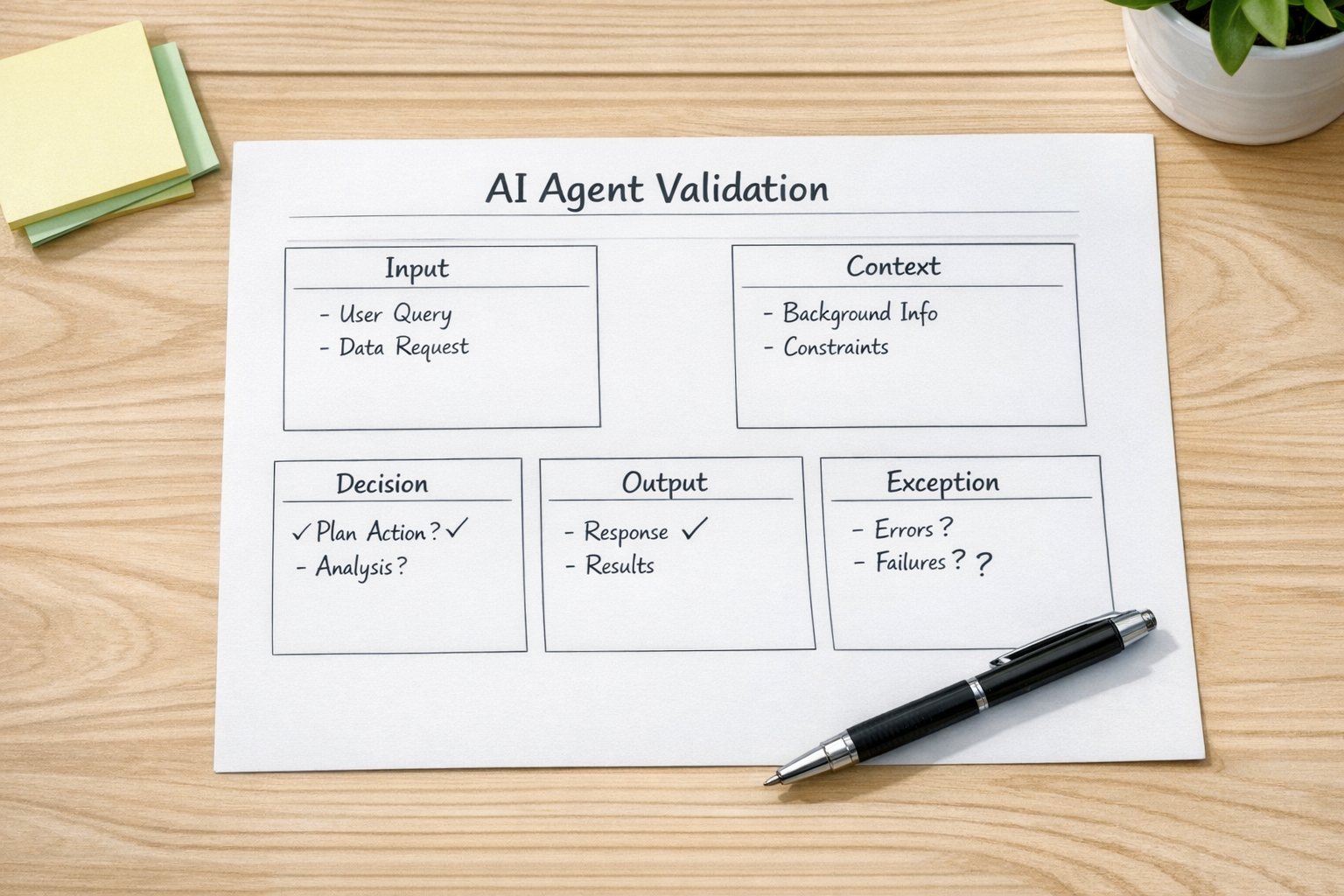A printed AI agent validation worksheet with sections for inputs, decisions, outputs, risks, and owner.