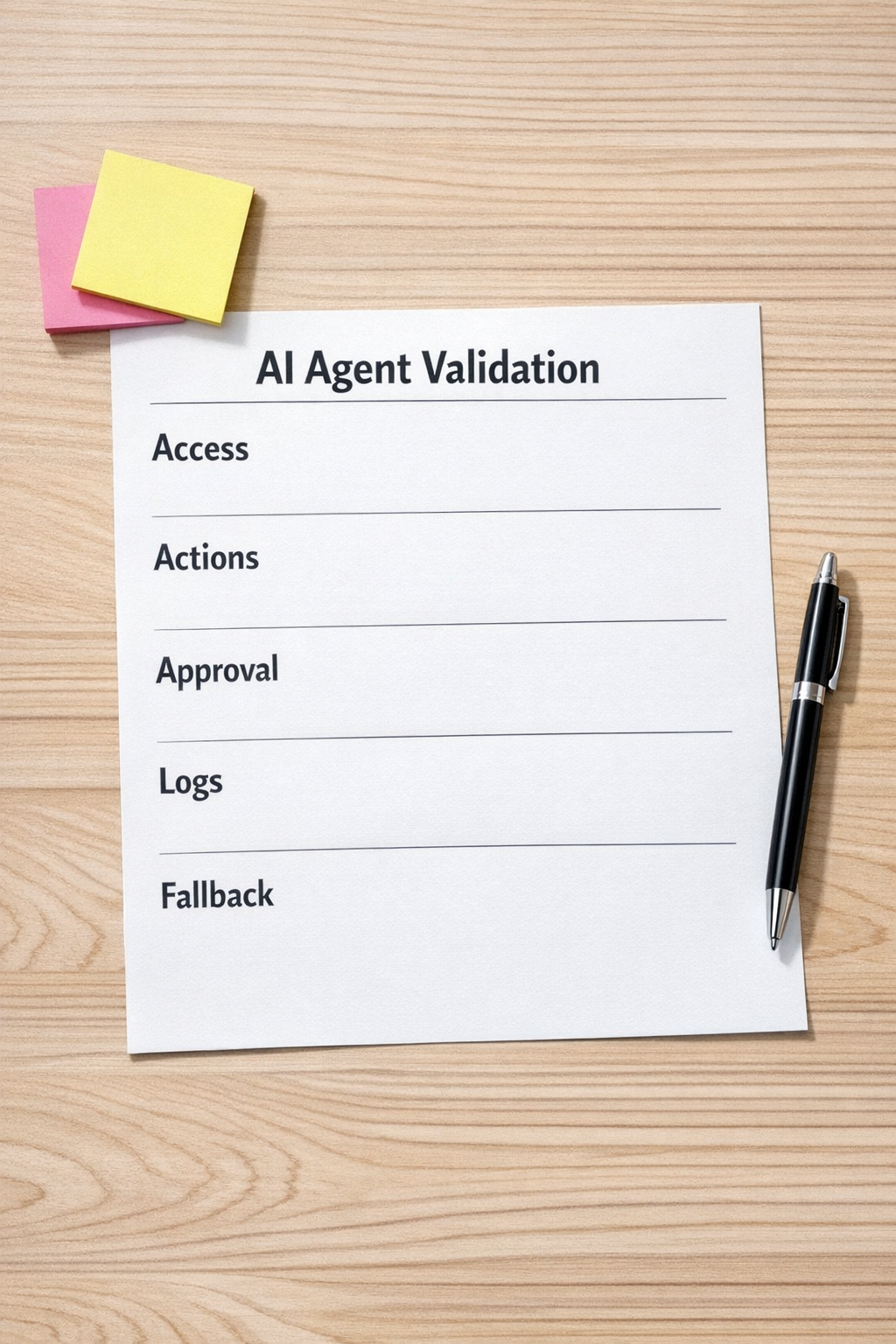 A printed AI agent validation worksheet with sections for access, actions, approval steps, logs, and fallback rules.