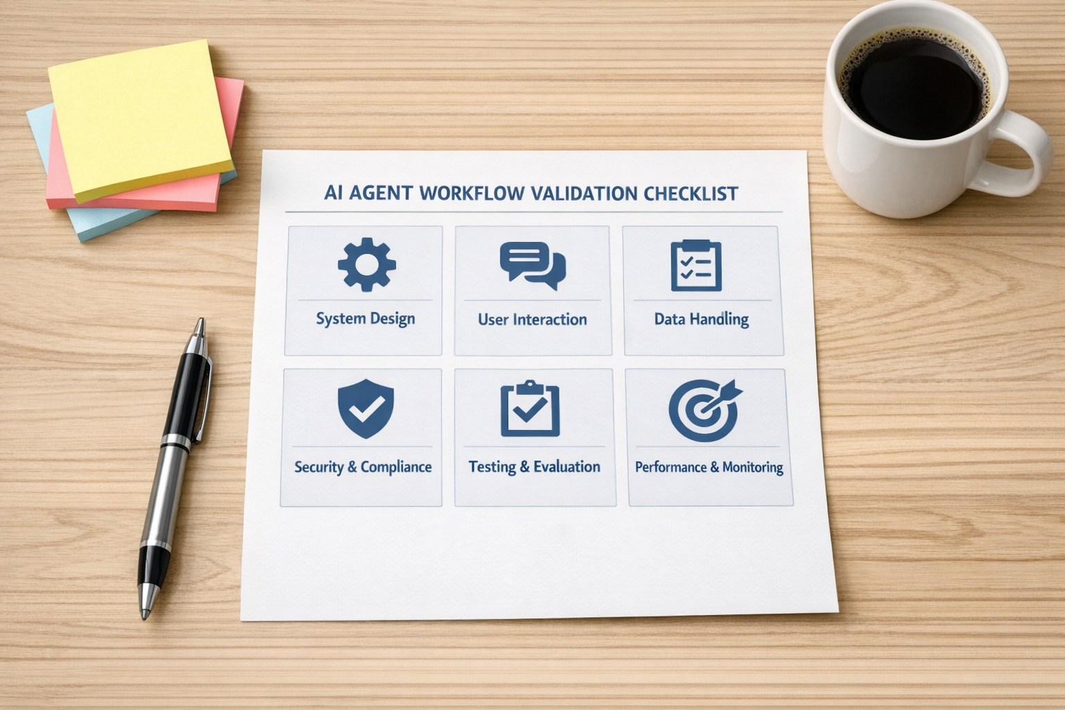 A printed AI workflow checklist on a desk with sections for trigger, inputs, actions, approval, output, and owner.