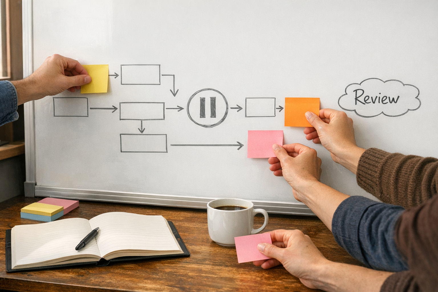 A workspace with sticky notes and a whiteboard planning an AI agent handoff process