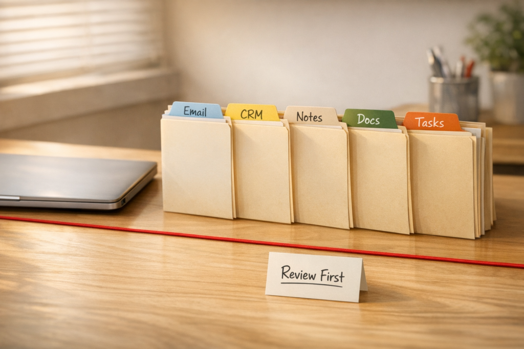 A calm office desk with connected work tools represented by labeled folders and a clear permission boundary line.