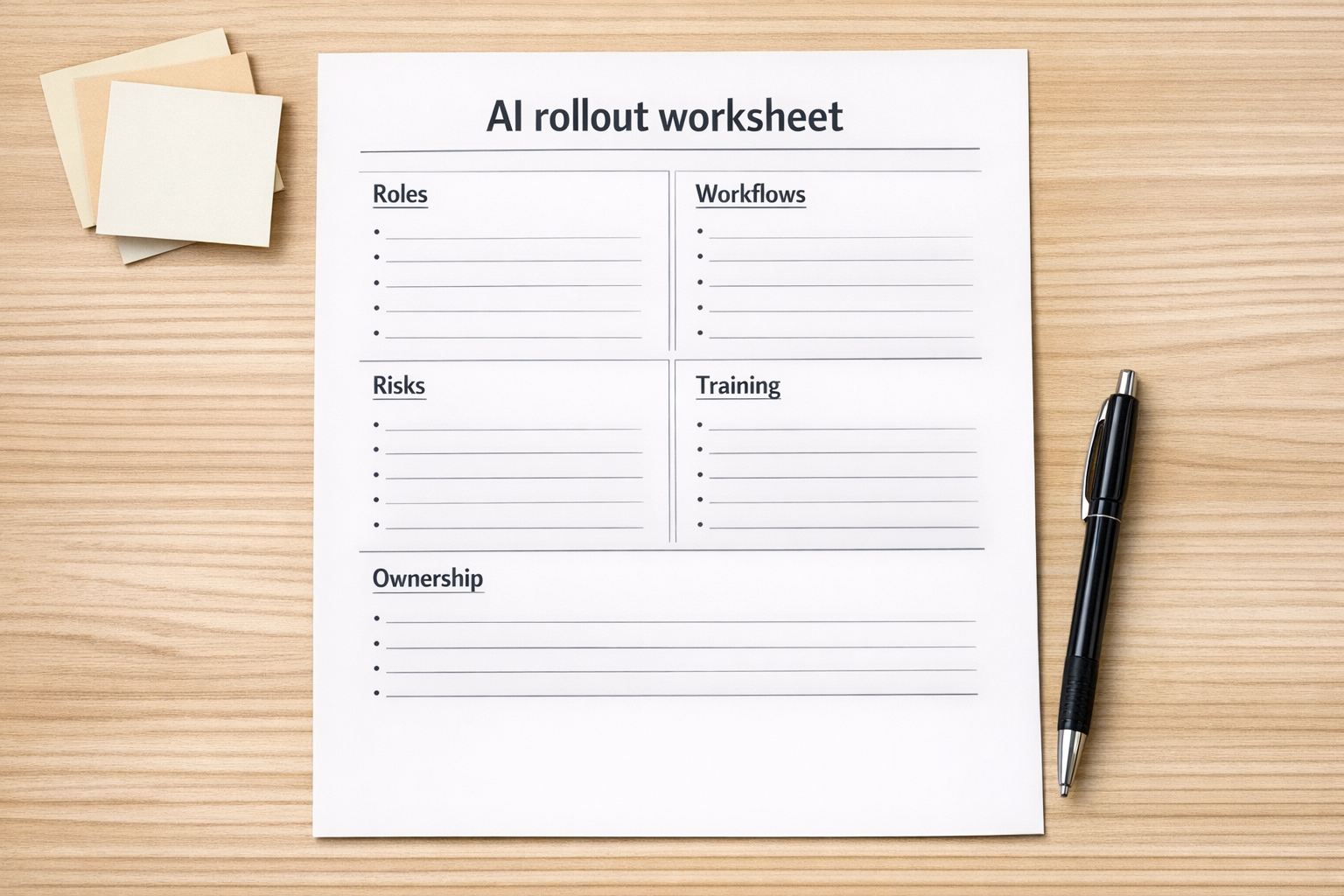 A simple AI rollout worksheet with sections for roles, workflows, risks, training, and ownership