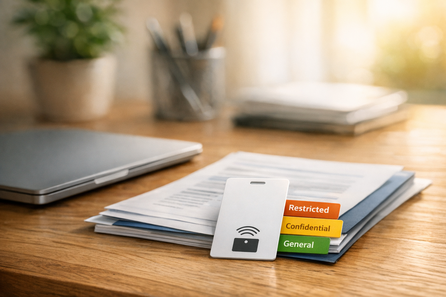 A clean office desk with keys, documents, and a laptop symbolizing planned access for AI agents.