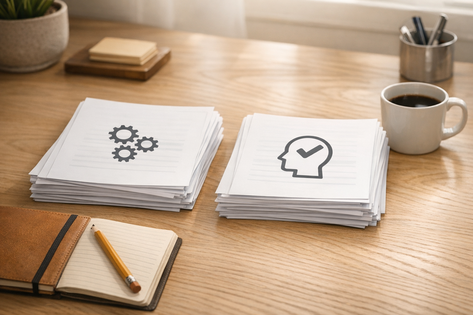 A calm office desk with papers separating tasks for an AI agent and tasks for human review.