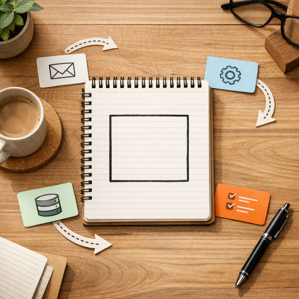 A calm office desk with a notebook, marked boundary lines, and tool cards representing controlled AI agent work