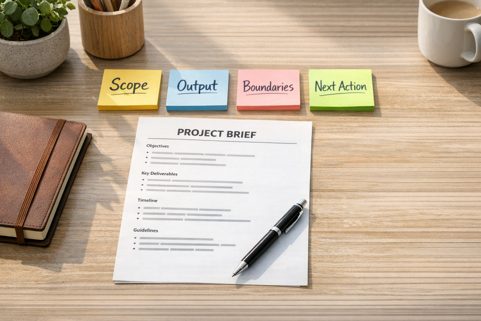 A printed AI agent brief on a calm office desk with notes about scope, output, and next action.