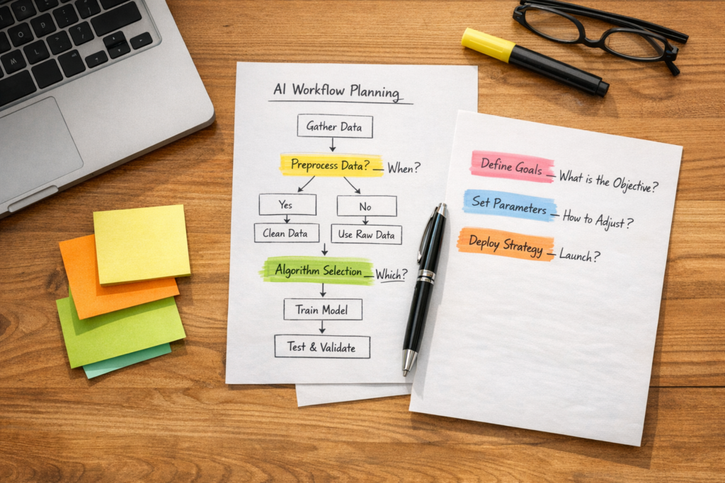A calm office desk with printed workflow notes, a laptop, and highlighted decision points for an AI agent project.