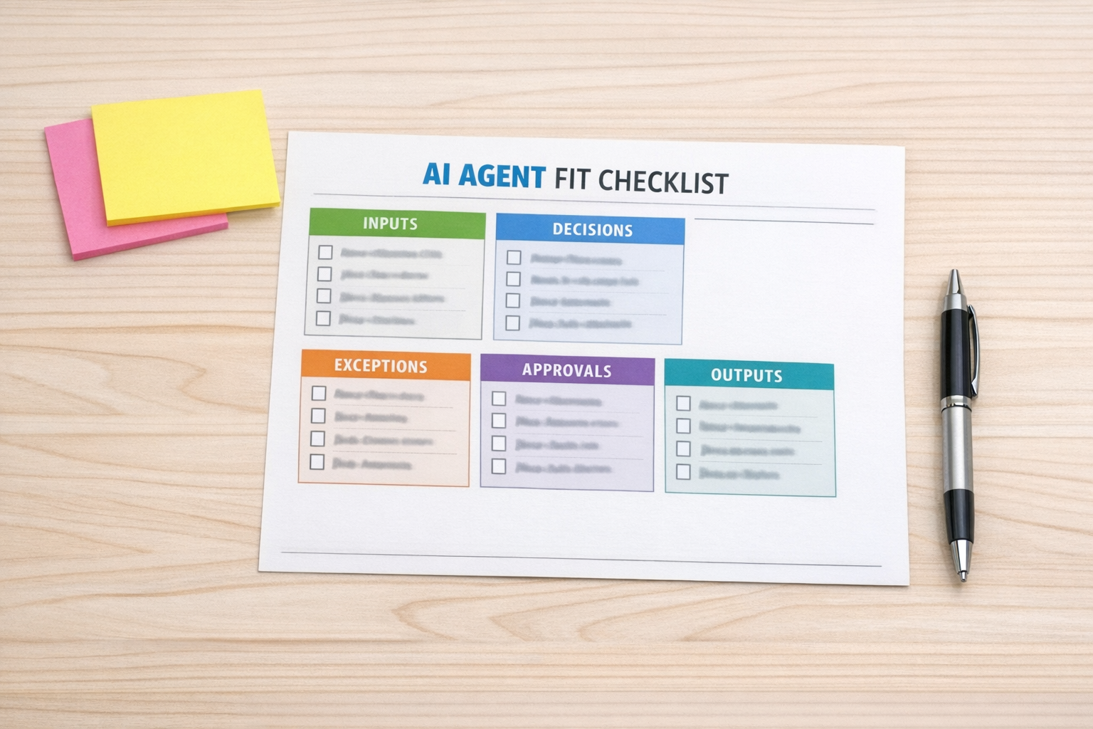A printed AI agent fit checklist with sections for inputs, decisions, exceptions, approvals, and outputs.