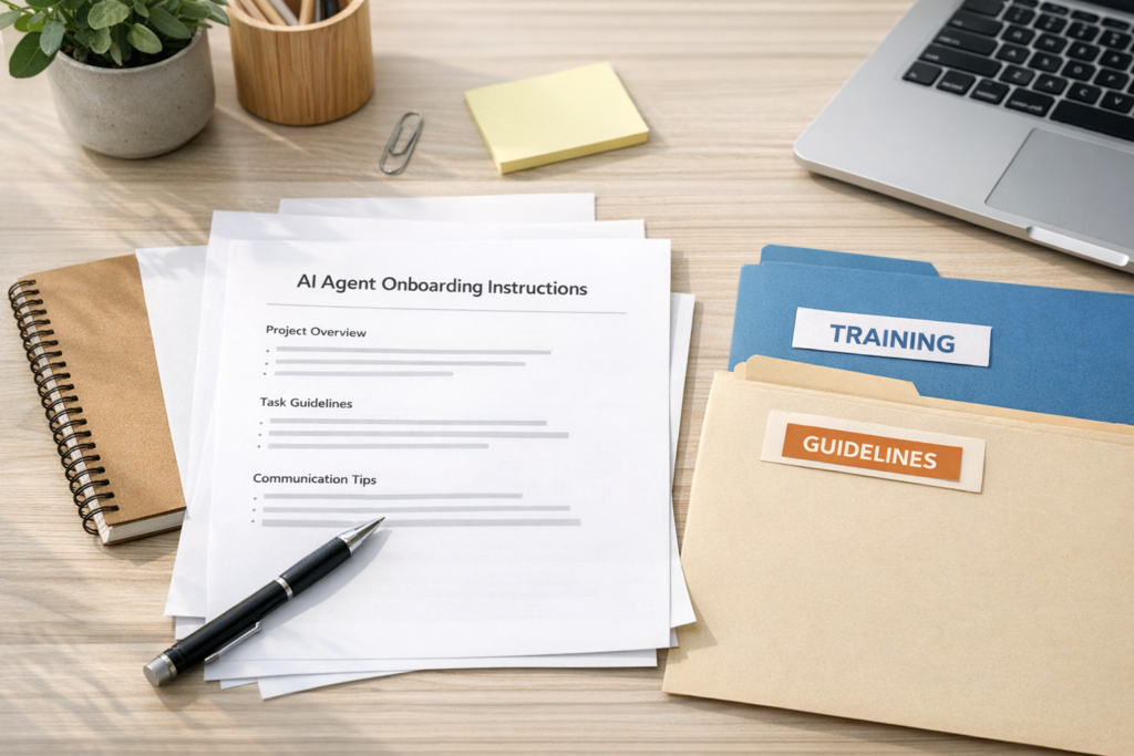 A tidy office desk with printed instructions, a notebook, and labeled folders representing AI agent onboarding.
