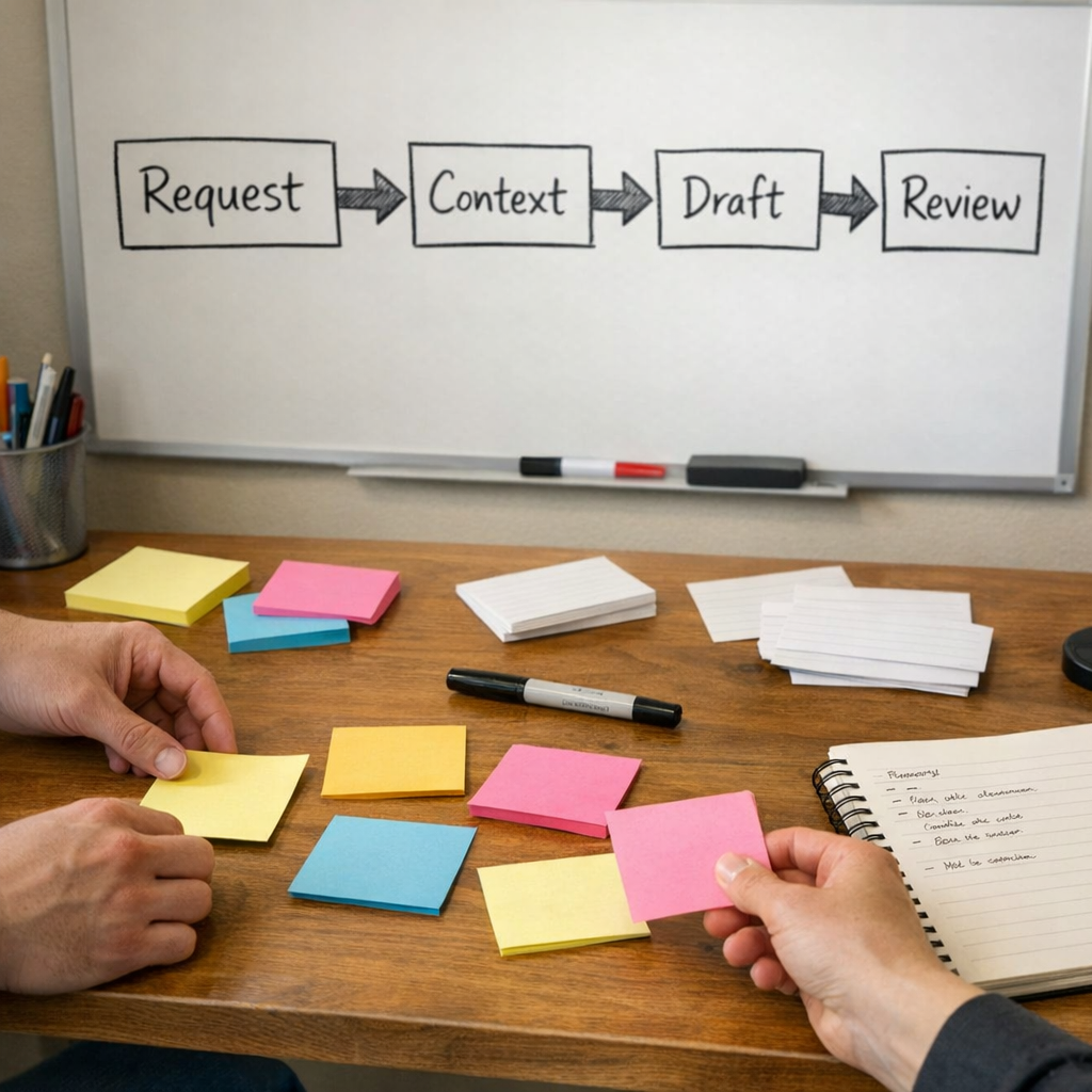 A workspace whiteboard and planning table showing how an AI agent workflow moves from request to review.