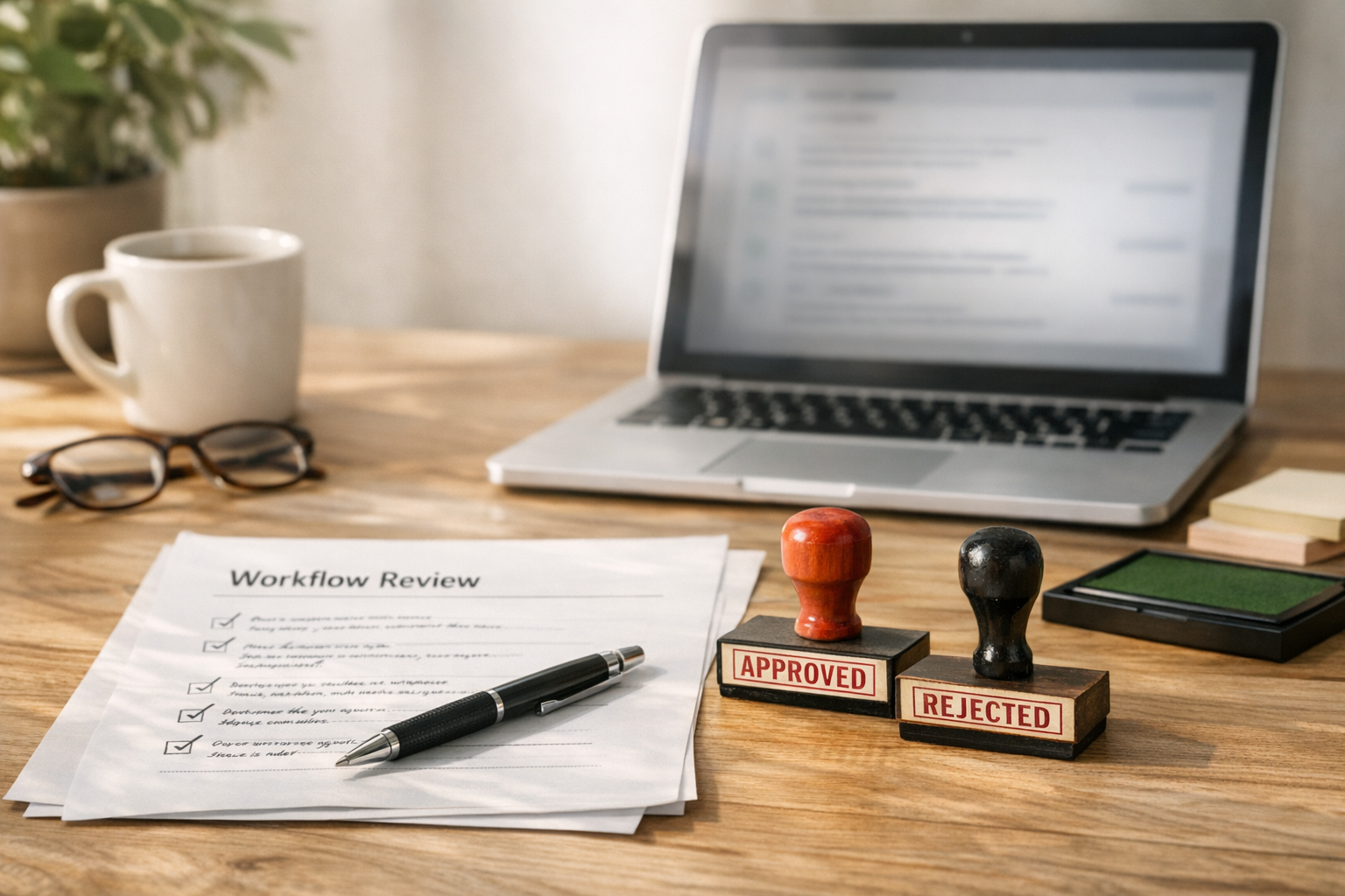 A calm office desk with printed workflow notes, approval stamps, and a laptop showing a blurred AI task review screen.