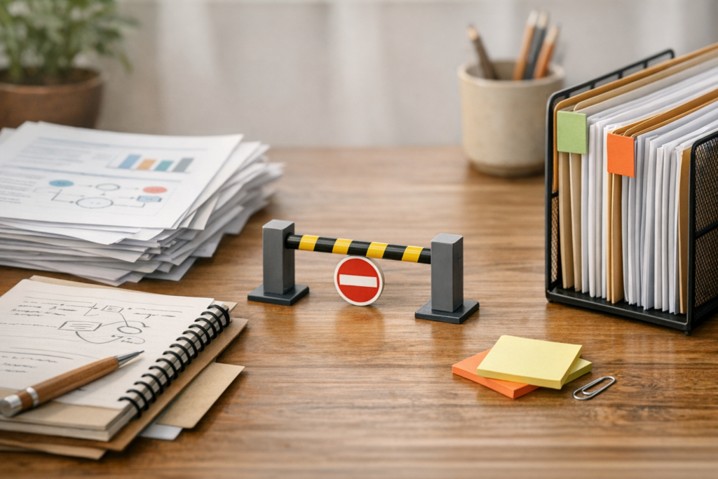 A calm office desk scene with a notebook, documents, and a small physical gate symbolizing validation before AI automation actions.