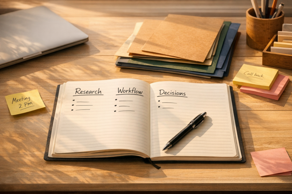 A calm office desk with paper task cards grouped into simple, specialist, and validated work categories.