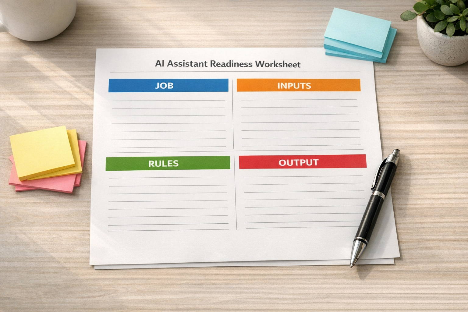 A simple AI assistant readiness worksheet with sections for priorities, source of truth, boundaries, and handoffs.