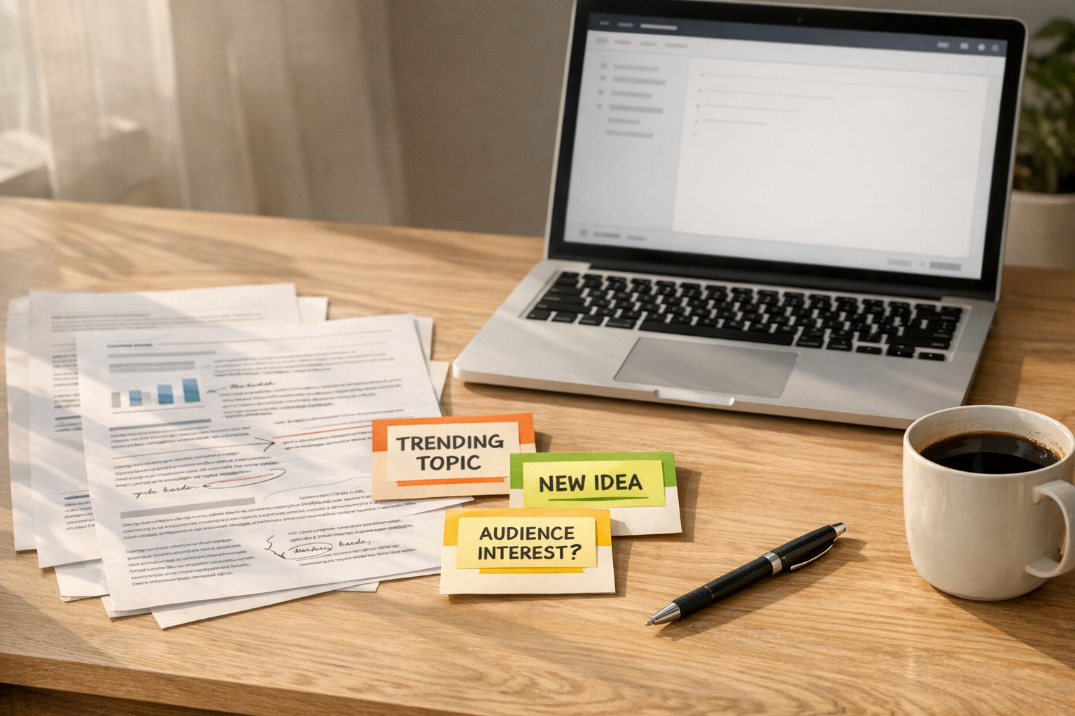 A calm desk scene with printed notes, highlighted content ideas, and a laptop used for AI-assisted content validation.